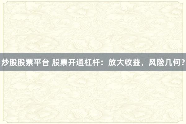 炒股股票平台 股票开通杠杆：放大收益，风险几何？
